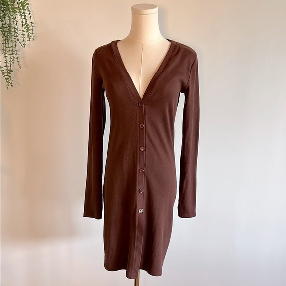 ZARA Ribbed Knit Button Down Dress | Chocolate Brown Long Sleeve Fitted Mini - M - Picture 1 of 4